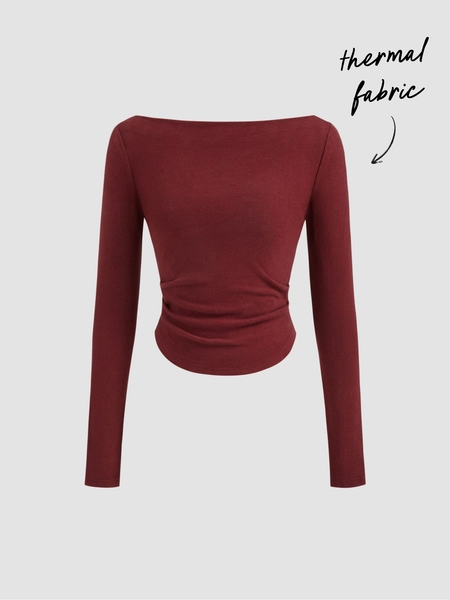Thermal Cotton-blend Boat Neck Solid Ruched Long Sleeve Tee