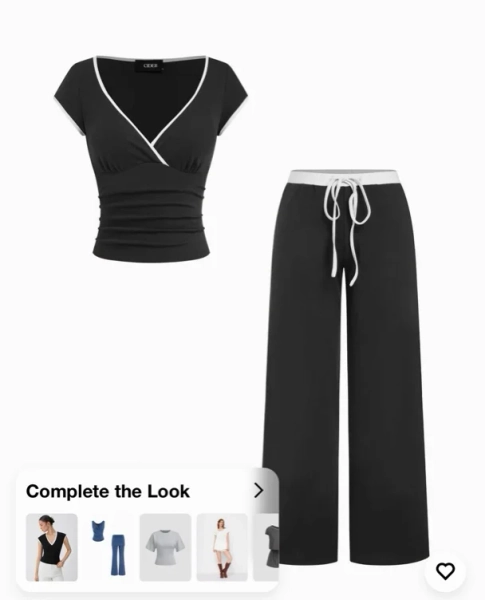 Cotton-blend V-neck Two Tone Top & Mid Rise Drawstring Straight Leg Trousers Set