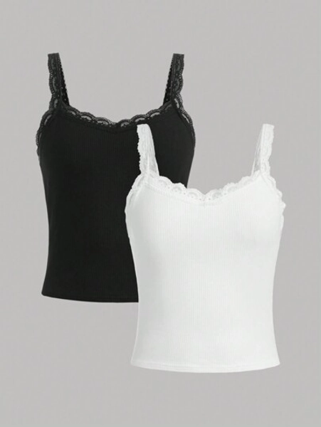 SHEIN Girlism Teen Girl 2pcs Solid Lace Insert Cami Top