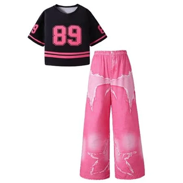 Purechapter Girls Casual Clothes 89 inch Varsity Short Sleeve Top & Star Wide Leg Jeans Set 2Pcs Outfits For Streetwear, Girl's, Size: 9Years, Black