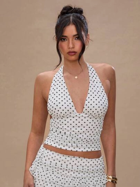 SHEIN BAE Women's Polka Dot Print Plunging Neck Backless Tank Top,Rave Top