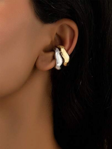 2 Pcs Golden Silver Color Metal Cuff Earrings Set for Women