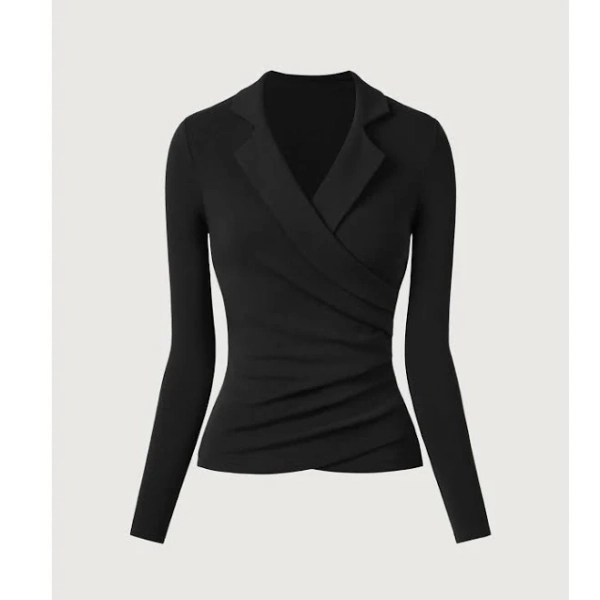 Oglmove Women's Fitted Collared Long Sleeve Surplice Top