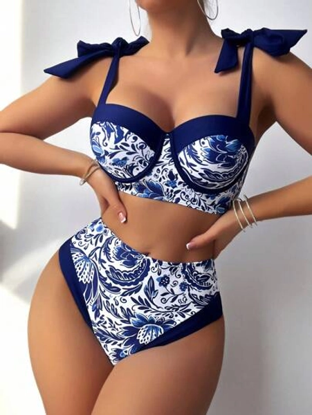SHEIN Swim Ladies' Floral Print Bikini Set (Padded & Underwire), Summer Beach - Size L