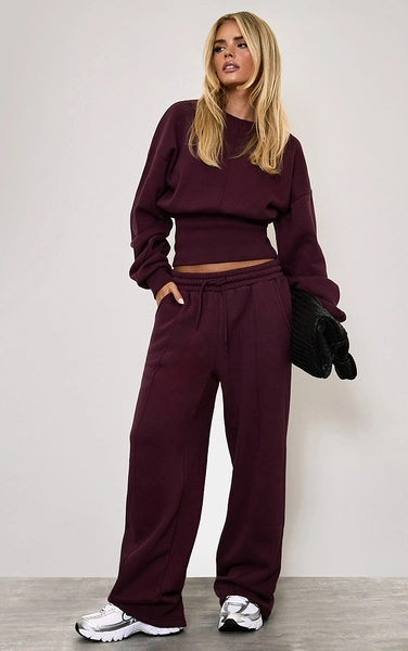 Mid Rise Seam Detail Wide Leg Joggers In Plum