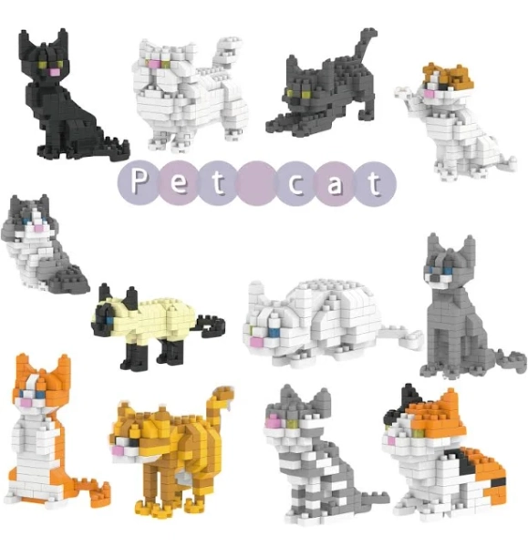 Building blocks sets, Building brick sets, 12-Piece Mini Cat Building Block Set for Kids, Cat lego, Building sets