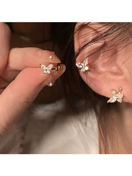 2pcs Crystal Rhinestone Marquise Butterfly Clip-On Earrings
