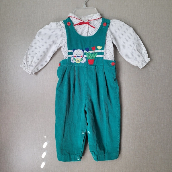 ​Vintage 80s Baby Togs 18M Green Corduroy Overalls &amp; Polka Dot Blouse Set 2pc 