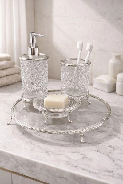 Crystal Bathroom Accessories Set - Silver Finish - Soap Dispenser, Toothbrush Holder, Soap Dish & Tray
