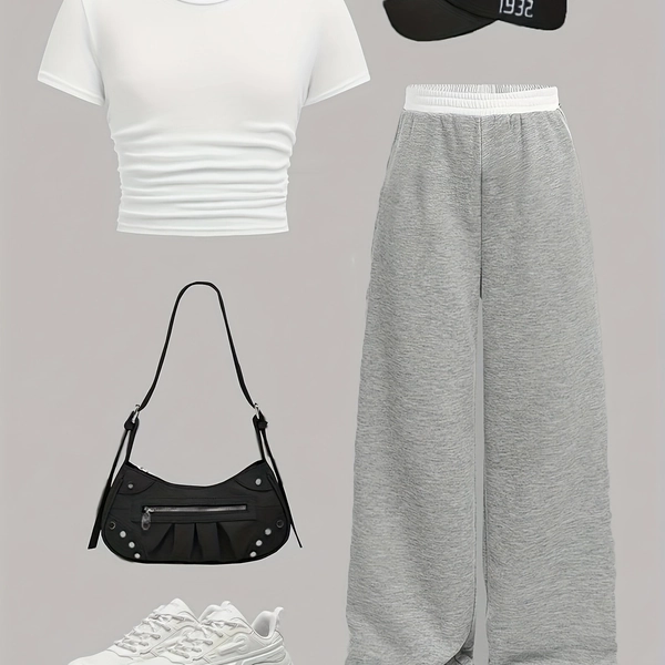 Kids Clothes Girls: White Crop Top & Gray Wide-Leg Pants Set - Girls Outfit Sets, Fall Outfits for Girls, | New Year Giftteen Girl Clothes SaleFast Delivery, Perfect for Outdoor