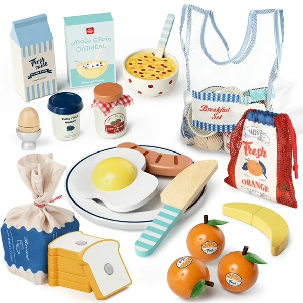 Wooden Play Food Sets, Play Kitchen Accessories Kids Cutting Pretend Play Fake Food Toys for 3 4 5 6 7 Years Girls Boys Toddlers Toys