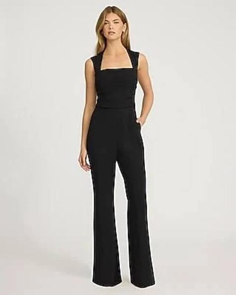 Express Women's Signature Crepe Square Neck Sleeveless Ruched Flare Jumpsuit with