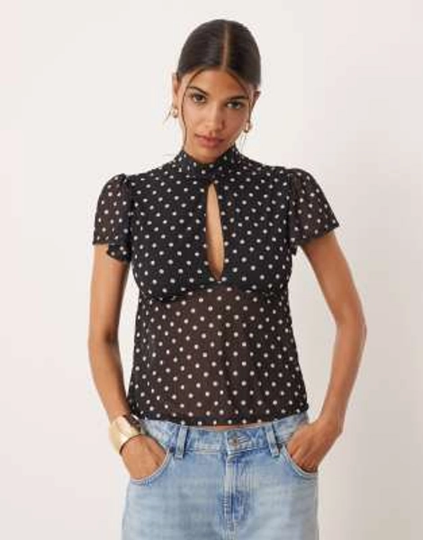 ASOS DESIGN floaty mesh flutter sleeve top with tie back detail in black polka dot