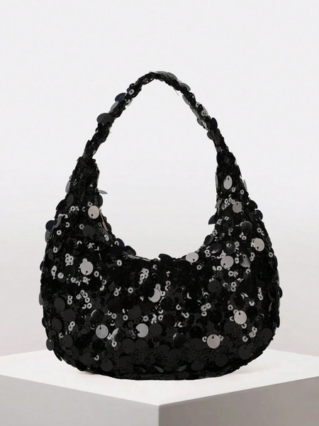 1 pezzo Borsa a mezzaluna con cerniera, in PVC trapuntato con paillettes, borsa a tracolla di design alla moda con paillettes per donna, elegante pochette per feste serali, borsa da festa di grande capacità e scintillante, adatta per donne per partecipare a banchetti e feste, Capodanno, paillettes