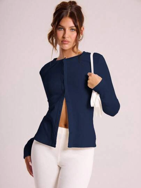 MUSERA Ribbed Button Through Long Sleeve Crew Neck Top Casual Vacation Airport Holiday Fall Winter Christmas Elegant  Holidays, Party