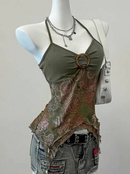 Easelle Summer Country Concert Retro Print Mesh Backless Halter Neck Top