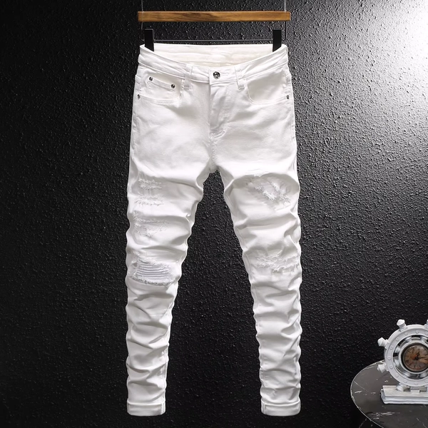 Street Fashion Men Jeans White Elastic Stretch Skinny Fit Ripped Jeans Men Zipper Designer Beading Patch Hip Hop Denim Pants - AliExpress 200000343