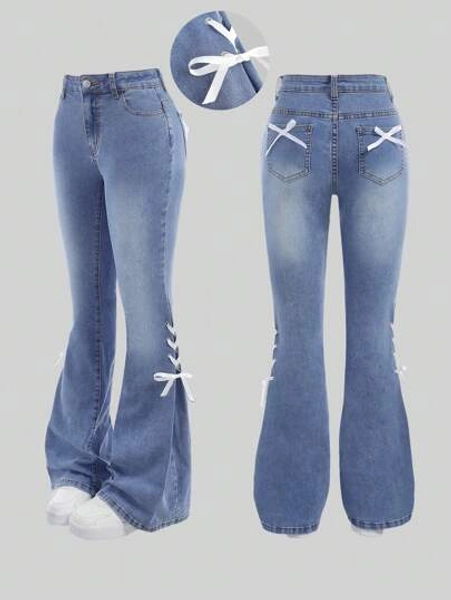 SHEIN Girlism Teen Girls Y2K Fashion Stonewashed Baggy Denim High Stretch Flare Leg Jeans With Colorblock Cute Lace Bowknot Decorated Pockets,Girls Summer Beach Boho Vacation Shorts, Summer Concert Festival Casual Rave Outfits, Girls Summer Brunch Church Graduation Outfits