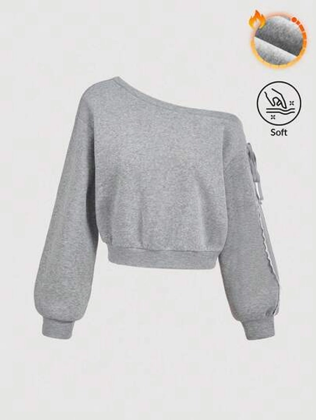 SHEIN MOD Women's Asymmetric Shoulder Lace Trim Bow Sweatshirt, Grey,Fall/Winter,Casual,Western Wear Women,2000s Style,Western For Women,Vintage Women,Winter For Women,Baggy,Asymmetrical Top,Kawaii,Airport For Women,Halloween Costumes