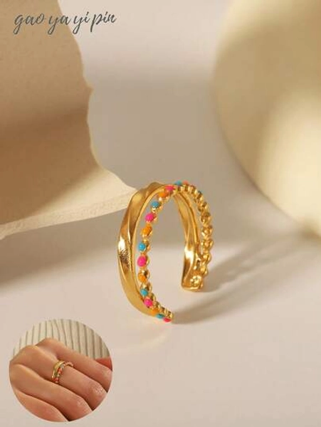 1pc Minimalist Double-Layer Stainless Steel Gold-Plated Adjustable Women Rings, Suitable For Everyday Use, Festival, Wedding, Birthday Party, Jewelry Gift For Friends And Family