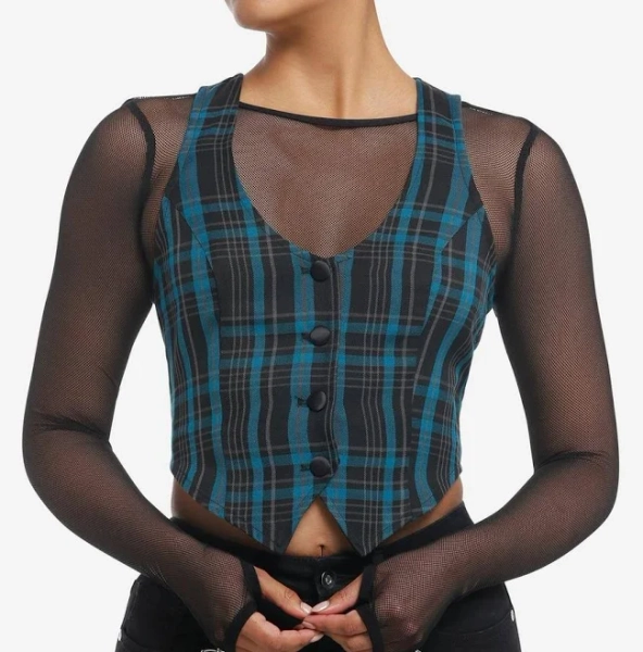 Social Collision Girls Plaid Twofer Long-Sleeve Vest