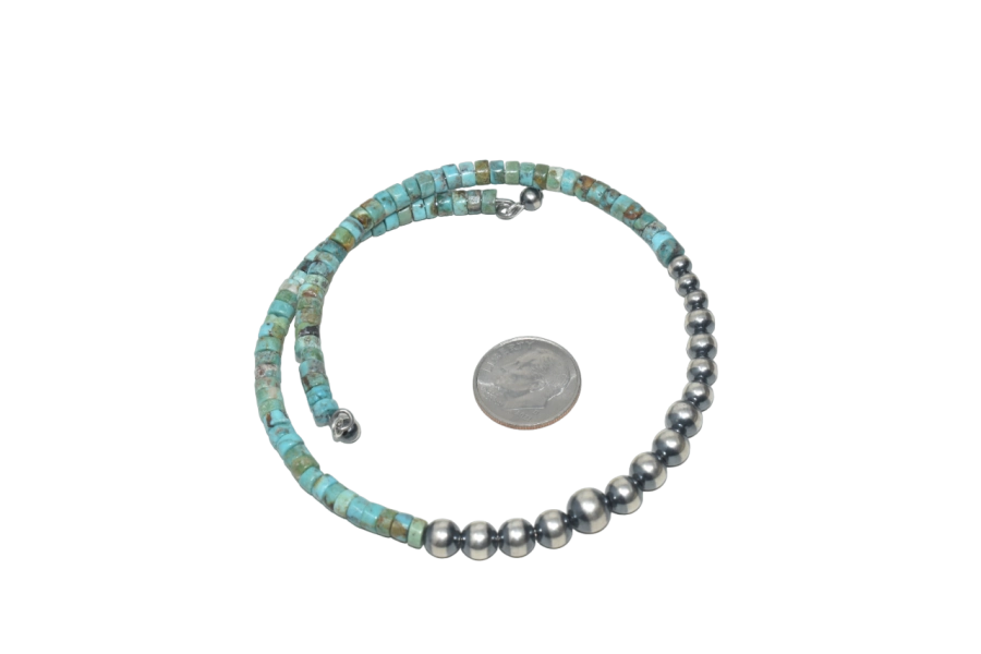 Turquoise Heishi & Silver Pearl Memory Wire Bracelet