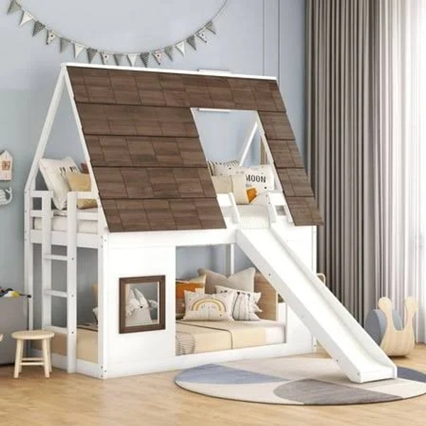 Kids Low House Bunk Bed with Slide
