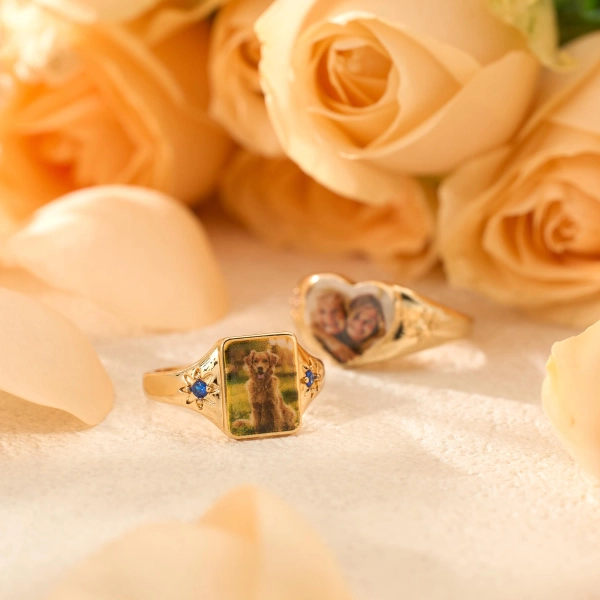 Personalized Heart Photo Ring with Two Birthstones – Custom Gold Ring with Picture, Christmas Gift, Ideal for Birthdays or Mother’s Day