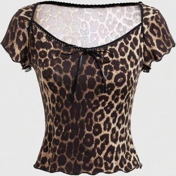 Romwe Oversized Leopard Print Lace Trim T-Shirt