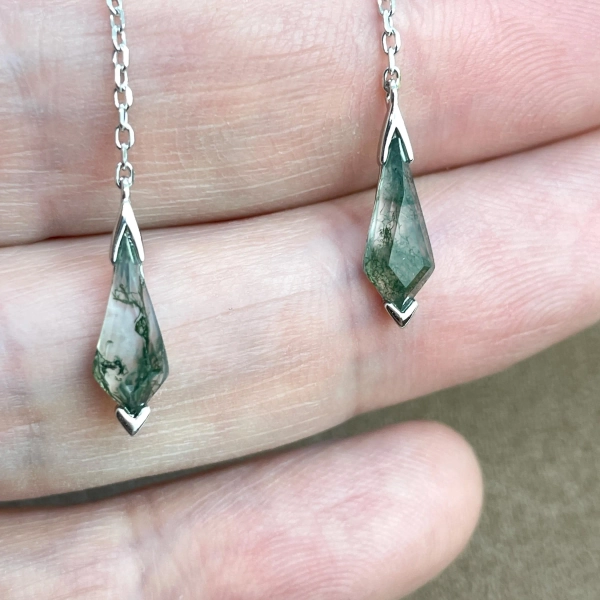Minimalist Green Moss Agate Long Dangle Earrings, S925 Sterling Silver Gold Plated Geometric Earrings, Nature Inspired Jewelry, Gift For Her