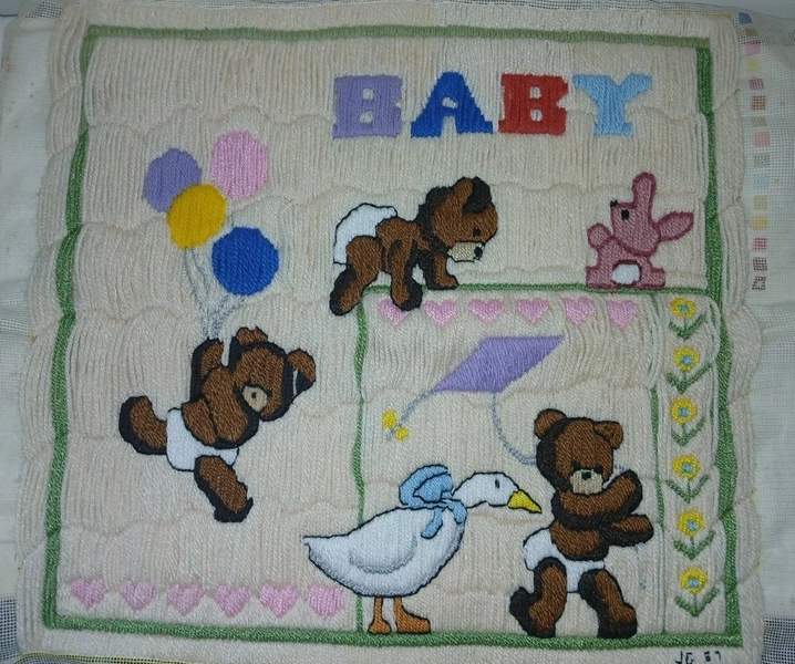 1980s Handmade Baby Yarn Art Canvas Teddy Bears Vintage Nursery Wall Decor
