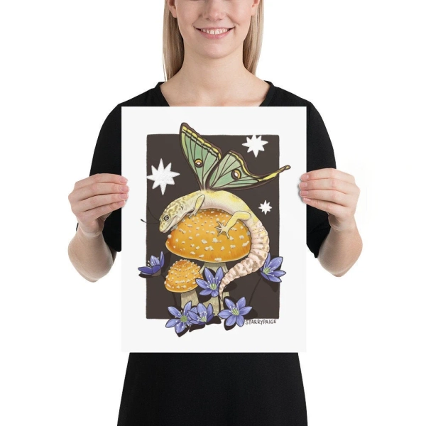 PRINT Fairy Leopard Gecko on Fly Agaric Mushroom with Spanish Moon Moth Wings Reptile Art