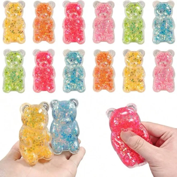 Multicolor Cute Bear Squeeze Stress Ball Fidget Toys Sensory Squishy Anti Stress Bubble Glitter Party Favor Birthday Gift Bag Piñata Filler,Random 2pc