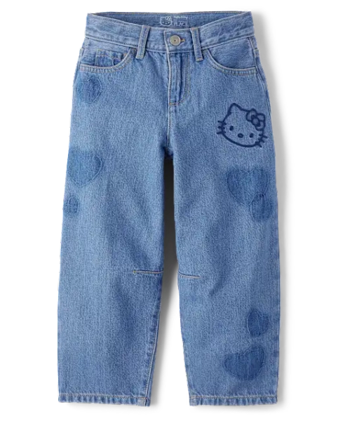 Girls Hello Kitty® Embroidered Heart Patch Barrel Jeans - Blue