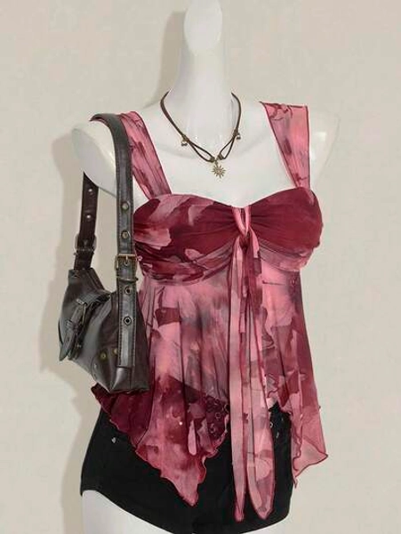 SHEIN ICON Women's Tie-Dye Floral Print Babydoll Casual Asymmetrical Hem Knotted Front Sleeveless Blouse For Women