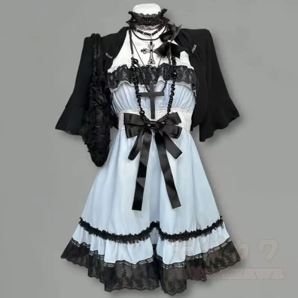 Goth Black Lace Blue Bow Slip Dress Two Pieces Set