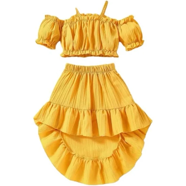 Girls' Off-Shoulder Puff Sleeve Blouse and Flounce Skirt Set
