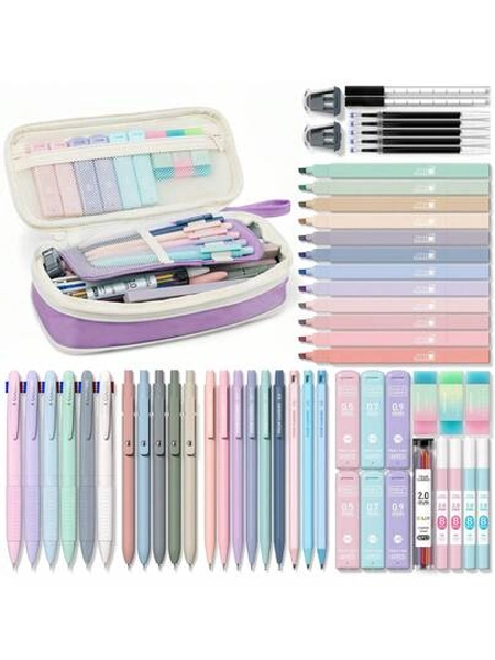 Four Candies 56 PCS Aesthetic School Supplies With Large Pencil Case, 6 Colored Ballpoint Pens, 12 Pastel Highlighters, 5 Black Ink Gel Pens, 9 Mechanical Pencils 0.5-2.0mm Student Essentials