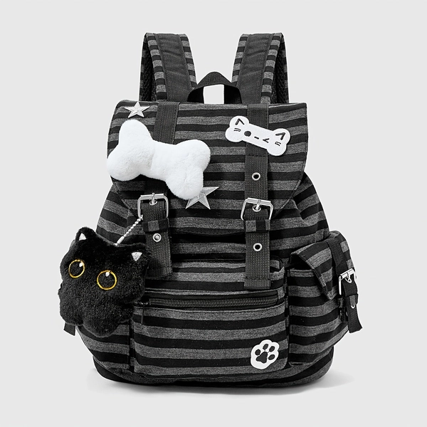 Punk Preppy Women's Backpack/Cat Paw Print/Bone Star Color-Block Stripes/Multi-Pocket/Fashionable Casual Unisex Large Capacity Bag/Suitable for Commuting And School