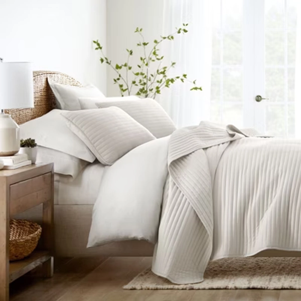 Stripes Floral and Diamonds Quilted Coverlet Set With Shams - Becky Cameron, Stripe Stitch / Natural, Twin/Twin Extra Long