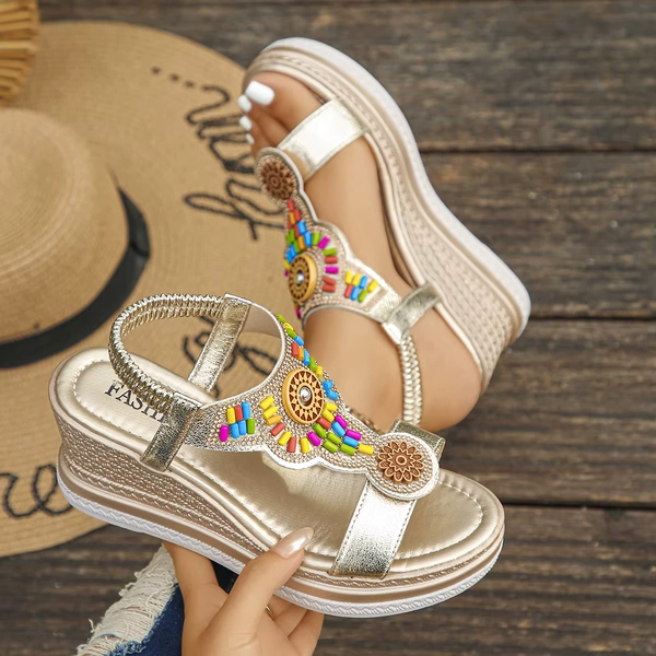 Women Sandals Bohemian Style Wedge Sandals Summer Thick Sole Non Slip Beach Shoes Woman Colorful Bead Chunky Platform Sandals - AliExpress 322