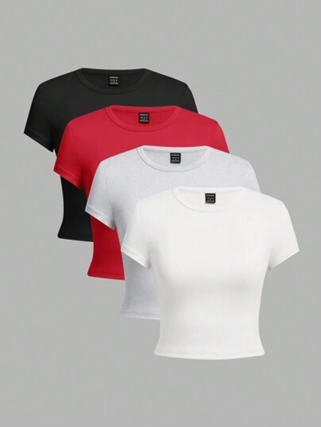 SHEIN EZwear 4pcs Casual Short Sleeve Round Neck Slim Fit Women's T-Shirt, Suitable For Summer Suitable For Going Out