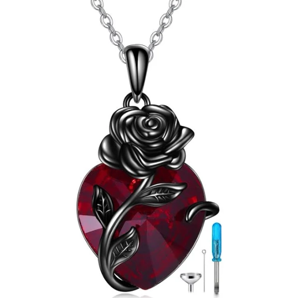 Sterling Silver Heart Crystal Rose Urn Necklace