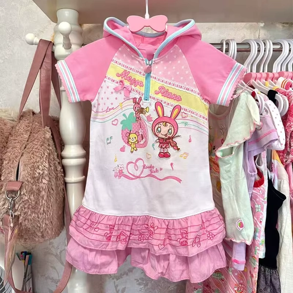 Japanese Cute Core Daughter's Clothing Summer Cartoon Mp Short Sleeve Hooded Dress Sweet Girl T-shirt Patchwork Mini Dress - AliExpress 200000345