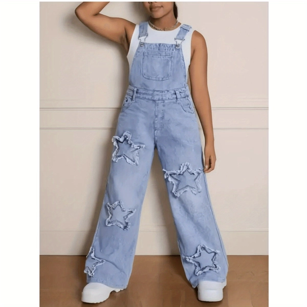 Teen Girls' Wide-Leg Denim Overalls with Star Embroidery Everyday Outfits - Machine Washable Teen Loose Fit Long Denim Machine Washable All-Season Casual Jeans for Teens Durable Fabric, for Outdoor