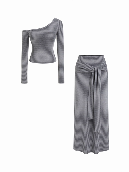 Asymmetrical Neck Striped Crop Top & Mid Rise Striped Warp Maxi Skirt Set 