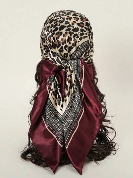 1pc Women's 90CM Fashion Scarf With Leopard Print, Satin Square Bandana Headscarf, Spring/Summer - Size one-size