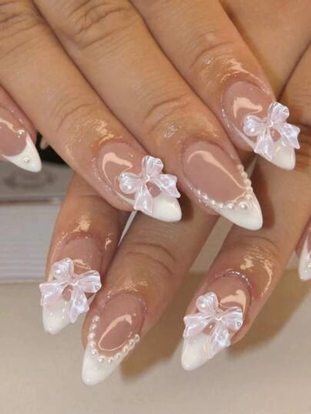 Transform Your Nails With, 24pcs Press On Nails Long Almond French & Bowknot,Faux Pearl Design False Nails Set, Contain 1pc Jelly Glue And 1pc Nail File, For Nail Art Decorations By Women & Girls Nail Supplies