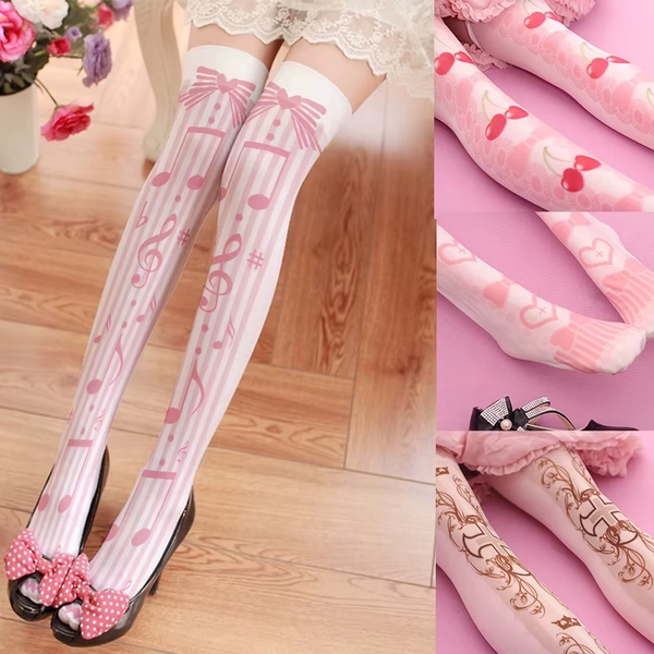 Cute pink princess Lolita over the knee stockings love bow printed stockings girl summer thin party dating socks cosplay - AliExpress 200574005