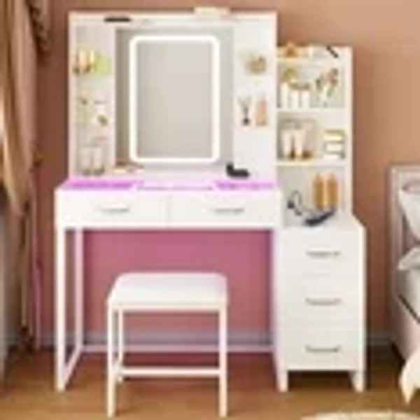 TOMNK White Vanity Desk with Stool, Mirror, LED Lights, Glass Top, RGB Drawers, Wireless Charging, 43" Wide